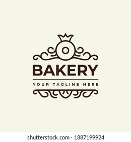 logo vector design for bakery or home made bakery business, with fancy style donut icon illustration, with ornamental element decoration and king crown