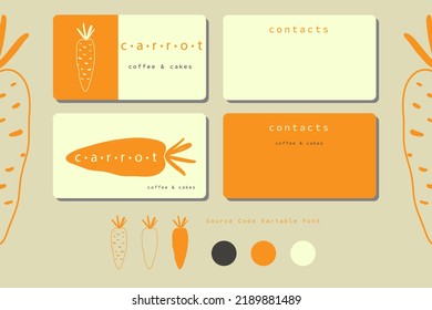 Logo Vector Design. Carrot Cafe, Bakery, Restaurant Logo, Visit Card Design. Veggie Logo, Identity, Branding, Color Palette, Text Style. Orange, White.