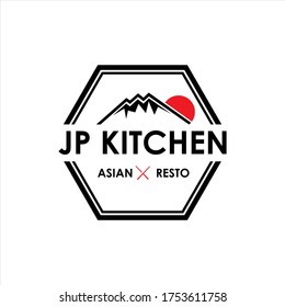 Logo vector design, Japanese kitchen and mountain, sun, simple and elegant white background