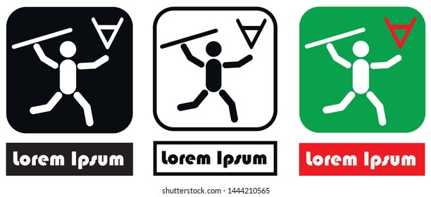 Logo in vector format for business related to meat, such as sausage, meat farm, hunting, burgers, dumplings, semi-finished products. Looks like an icon or road sign. A man with a spear attacks a bull.