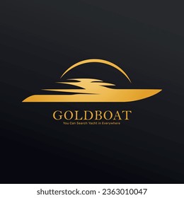 Logo vector Gold Boat Ship Sailing on the Sea With Sunshine.