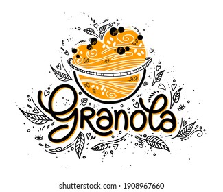 logo vector granola with bowl of oatmeal porridge. cute illustration with breakfast organic food muesli. healthy food concept. hipsters lifestyle.