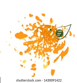 Logo vector graphics vector menu label template.Orange fruit in a splash of juice. Spray of taste and freshness. Blast of fresh drink. EPS Vector Illustration