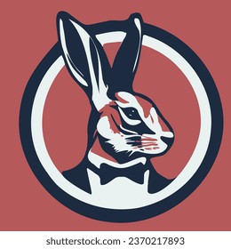 Logo, vector graphics, a white rabbit in a business suit looks eastward in a round frame of dark blue, white, and burgundy colors. Confidence, rabbit, animals.