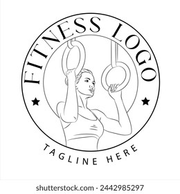 Logo Vector Illustration of beautiful fitness woman exercising Gymnastic Rings Home Gym