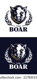 Logo Vector Illustration of a Boar's Head with its tusks. Mascot With Sharp Eyes. Suitable for Lawyers, Law Firms, Legal Assistants, Corporate Logos, as well as Sports and Campus Teams.