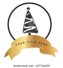 Logo Vector Illustration of Christmas Tree with Gold Banner. Graphic Design for T-shirt, Poster, Card and Background.