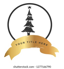 Logo Vector Illustration of Christmas Tree with Gold Banner. Graphic Design for T-shirt, Poster, Card and Background.