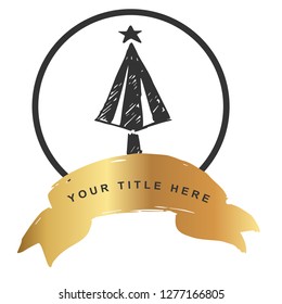Logo Vector Illustration of Christmas Tree with Gold Banner. Graphic Design for T-shirt, Poster, Card and Background.