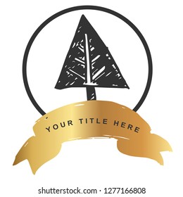 Logo Vector Illustration of Christmas Tree with Gold Banner. Graphic Design for T-shirt, Poster, Card and Background.