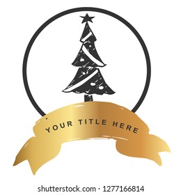 Logo Vector Illustration of Christmas Tree with Gold Banner. Graphic Design for T-shirt, Poster, Card and Background.