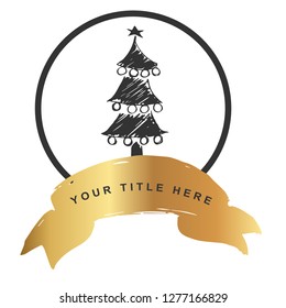 Logo Vector Illustration of Christmas Tree with Gold Banner. Graphic Design for T-shirt, Poster, Card and Background.