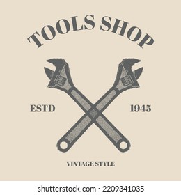 logo vector illustration with crossed wrench and divergent rays retro vintage style. good for poster, banner, web, t-shirt print, bag print, badges, flyer, logo design and more. template design