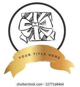 Logo Vector Illustration of Gift with Gold Banner. Graphic Design for T-shirt, Poster, Card and Background.