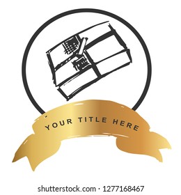Logo Vector Illustration of Gift with Gold Banner. Graphic Design for T-shirt, Poster, Card and Background.