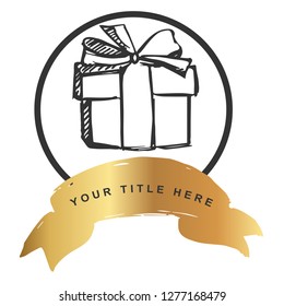 Logo Vector Illustration of Gift with Gold Banner. Graphic Design for T-shirt, Poster, Card and Background.