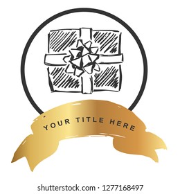 Logo Vector Illustration of Gift with Gold Banner. Graphic Design for T-shirt, Poster, Card and Background.