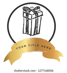 Logo Vector Illustration of Gift with Gold Banner. Graphic Design for T-shirt, Poster, Card and Background.