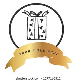 Logo Vector Illustration of Gift with Gold Banner. Graphic Design for T-shirt, Poster, Card and Background.