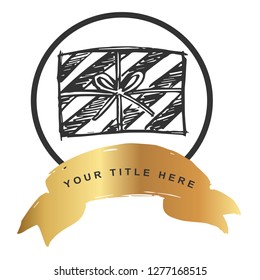 Logo Vector Illustration of Gift with Gold Banner. Graphic Design for T-shirt, Poster, Card and Background.