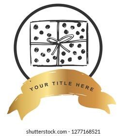 Logo Vector Illustration of Gift with Gold Banner. Graphic Design for T-shirt, Poster, Card and Background.