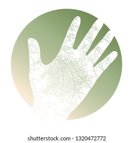 logo vector illustration of green hand with leaf line on white background. EPS 10