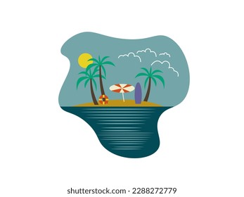 
Logo vector illustration of a small summer island with coconut trees growing on it in retro cool and new vintage style, perfect for Summer illustration, logo and t-shirt design