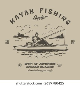 Logo vector illustration vintage fisherman fishing adventure on river forest nature national park. Retro outdoor apparel design
