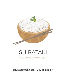 Ilustración vectorial de logotipo de fideos de shirataki blanco en un tazón de madera