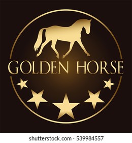 Logo vector image of golden horse and stars on a dark background. Horse logo template. Logo element, vector icon. Suitable for riding dressage school, farm, ranch, stable, club logo, visiting card. 
