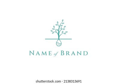Logo vector an image of a growing tree with water drops under the ground in line art style.