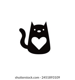 Logo Vector isolated cat with heart symbol colorless. templet logo for pet shops and the like.