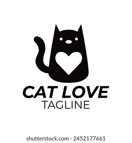 Logo Vector isolated cat with heart symbol colorless. templet logo for pet shops and the like.