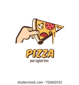 Logo vector Italian pizza. A slice of hot pizza with mushrooms, sausage, tomatoes and cheese in hand. Vector illustration in cartoon style.