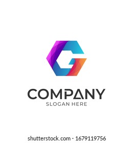Logo vector of letter G in hexagon shape. Colorful emblem logo style.