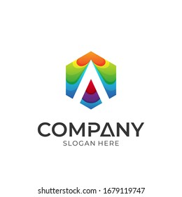 Logo vector of letter A in hexagon shape. Colorful emblem logo style.