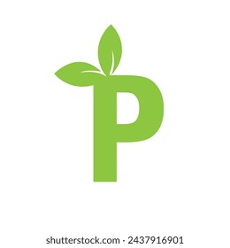 Logo Vector Letter P Leaf Icon. Green Nature Ecology Symbol. Flat Vector Logo Design Template Element.