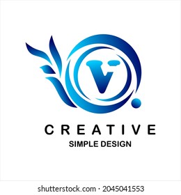 Letra vectorial del logotipo v. Ilustración de círculos y puntos, forma de icono de caracol azul.