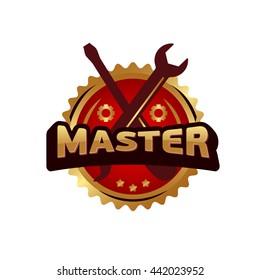 Logo vector Master lettering Brand symbol service mark. logo Isolated white background. Vector illustration - embossed text master, hammer and wrench. for appliance repair, shoes, cars.