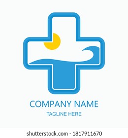 logo vector of ocean wave inside cross with sunset view for medical research and pharmacy companies,suitable for companies with a beach and sea theme