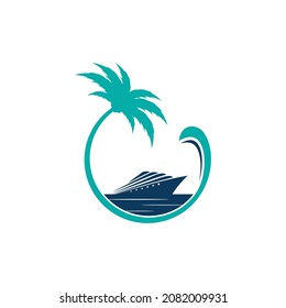 Vector de logotipo para el barco con onda de palma