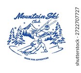 Logo vector retro icon illustration skier adventure on mountain ski winter snow nature national park. Vintage outdoor apparel design