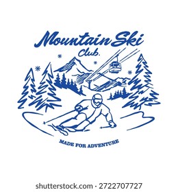 Logo Vector retro icono ilustración esquí aventura en esquí de montaña nieve de invierno naturaleza parque nacional. Antiguas diseño de ropa al aire libre