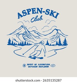 Logo vector retro illustration skier adventure on mountain snow nature national park. Vintage outdoor apparel design