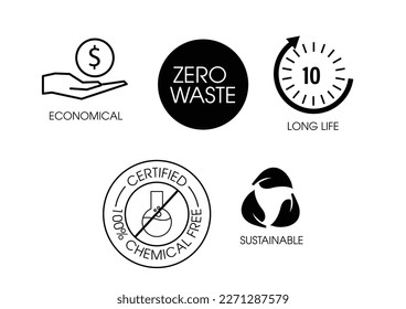 conjunto de vectores de logotipo como: económico, cero residuos, larga vida, sin productos químicos, sostenible