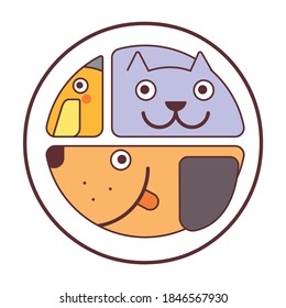 Logo, vector sign, design element. Parrot, dog, cat. Cute animals set.