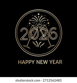 Logotipo Vector Siluet Feliz Año Nuevo Dengan Desain Line Art Warna EMAS 
