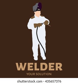 Logo vector welding. A welder in coveralls holding electrode