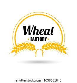 Logo vector â?? wheat factory on white background. Orange circle badge with gold ears of wheat. Flat design.