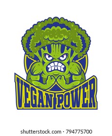 Logo vegan Power starke Cartoon Musculus broccoli. Sportlogo einzeln auf weißem Hintergrund. Gesundes Leben, Vektormodermoderner Stil, Cartoon-Charakter einzeln weißer Hintergrund Gym-Konzept